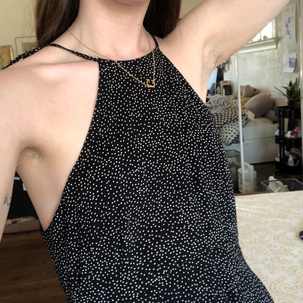 high neck polka dot black and white dress